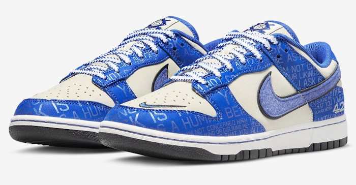 Side view of blue and white Nike Dunk sneakers.